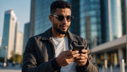 attractive beautiful young black or arab man using and texting on his smart phone mobile for service 5g digital communication and online social media city banner
