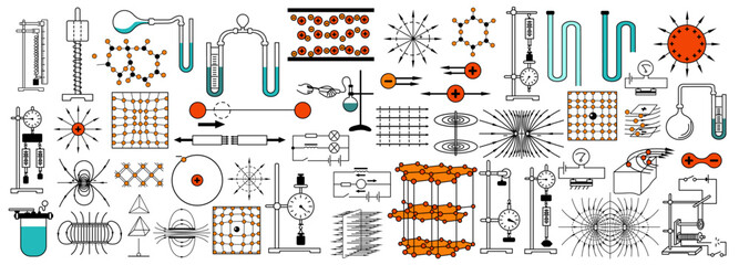 A collection of physics and chemistry diagrams. Atoms and molecules. Laboratory instruments, chemical fluids - obrazy, fototapety, plakaty
