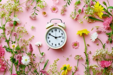 A vintage alarm clock surrounded by a vibrant array of spring flowers on a soothing pastel background, illustrating the concept of spring time