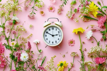 Foto op Canvas A vintage alarm clock surrounded by a vibrant array of spring flowers on a soothing pastel background, illustrating the concept of spring time © netrun78