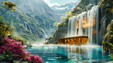 Mystic Waterfall Adventure, Natures Marvel Nestled in Lush Greenery, A Tranquil Escape into Wilderness - obrazy, fototapety, plakaty