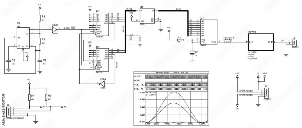 Poster vector electrical schematic circuit of digital device and signal graphic (transient analysis). a tec