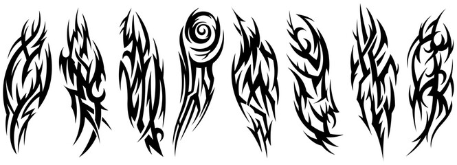 Tribal tattoo hand drawn. Silhouette illustration. Isolated abstract element set.
