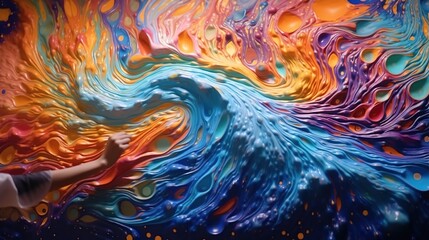 Human hand holding paint brush and drawing painting with multicolor paint. Beautiful abstract hand painting concept.