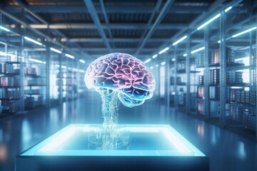 Neural artificial intelligence brain in a lab for futuristic research, technology innovation and machine learning network - obrazy, fototapety, plakaty