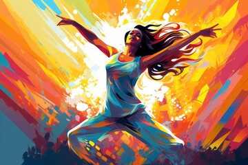 A woman immersed in the world of dance fitness. Dynamic dance moves, representing various dance styles like salsa, hip-hop, and Zumba. The joy and rhythm inherent in dance as a form of exercise.