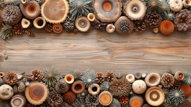 Multiple pine cones carefully on a wooden surface with copy space