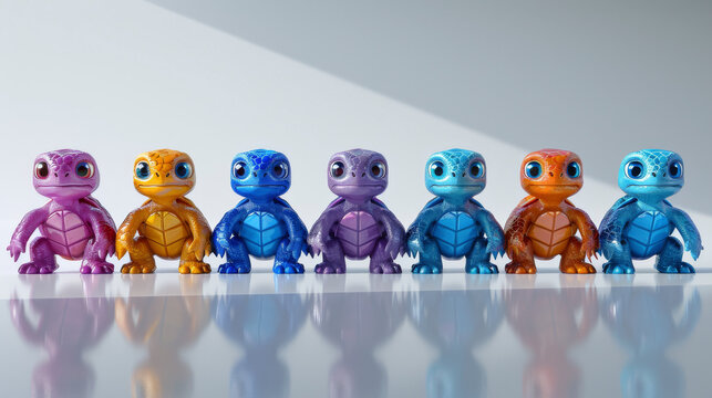 A row of little toy turtles sitting next to each other