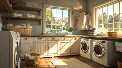A laundry room with a washer, a dryer, a folding table, and a basket of clothes. - obrazy, fototapety, plakaty