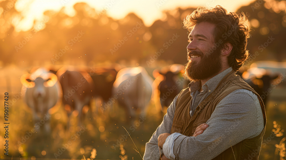 Wall mural a man with a beard stands in a field with cows. he is smiling and he is enjoying the moment