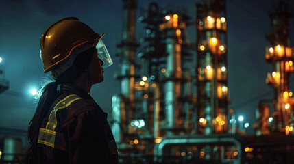 A woman in a yellow helmet stands in front of a large industrial plant. The plant is lit up at night, and the woman is looking up at it. Concept of awe and wonder at the sheer size - Powered by Adobe