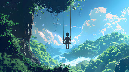 Illustration of a lonely boy on a swing, suspended high above a lush forest, portraying his isolation amidst stunning natural surroundings with headphones


 - obrazy, fototapety, plakaty