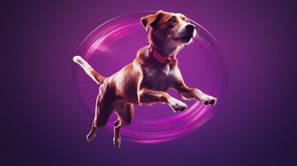 A dynamic snapshot of a frisbee in flight, with a blurred image of an agile dog jumping towards it, set on a purple background.