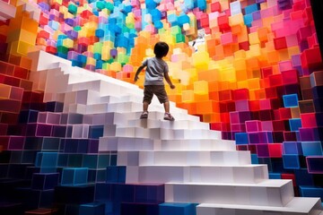 A child stepping into a pixelated world made of colorful building blocks. A playful and dynamic energy to the scene, showcasing the limitless possibilities of creativity within a virtual space. - obrazy, fototapety, plakaty