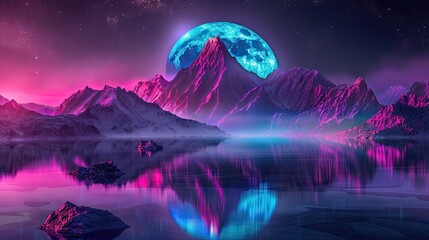 Neon light background with mountain and moon. Futuristic fantasy background