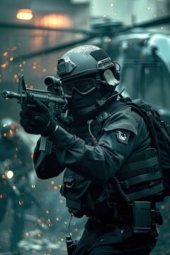 SWAT team in action. SWAT in full tactical gear. Special Forces. Army. Elite forces ready for any mission.