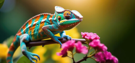 Realistic multicolored chameleon close-up, sitting on a tree branch, in the foreground branch with crimson flowers, variable focus. Concept of advertising banner, postcard. Copy space