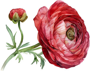 Ranunculus watercolor isolated on transparent background. PNG file