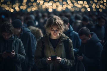 The psychological aspect of technology-induced isolation. A person amidst a crowd, yet emotionally detached due to excessive reliance on digital connectivity. - obrazy, fototapety, plakaty