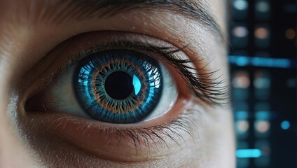 closeup of a human eye with virtual hologram elements for surveillance and digital ID verification or Lasik vision laser correction as wide banner with copy space area