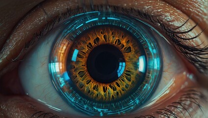 closeup of a human eye with virtual hologram elements for surveillance and digital ID verification or Lasik vision laser correction as wide banner with copy space area