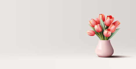 Realistic illustration of flowers tulips bouquet in a vase, pink flowers in light pot, 3d composition