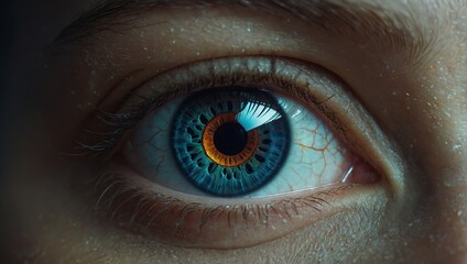 closeup of a human eye with virtual hologram elements for surveillance and digital ID verification or Lasik vision laser correction as wide banner with copy space area