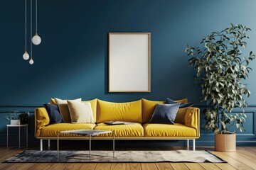 Contemporary living room interior featuring a bold yellow sofa, a blank wall art frame, and vibrant green houseplants enhancing the space's aesthetics..