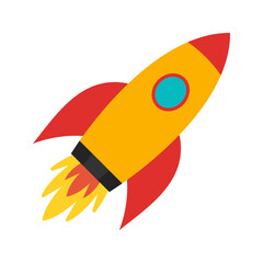 Flying rocket. Rocket ship launched to space. Business booster, start up, future, aim concept.