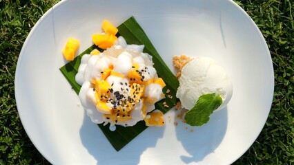 Gourmet dessert of mango sticky rice paired with coconut milk and scoop of vanilla ice cream, garnished with sesame seeds and mint on white plate, traditional Thai sweet treat. International cuisine.
