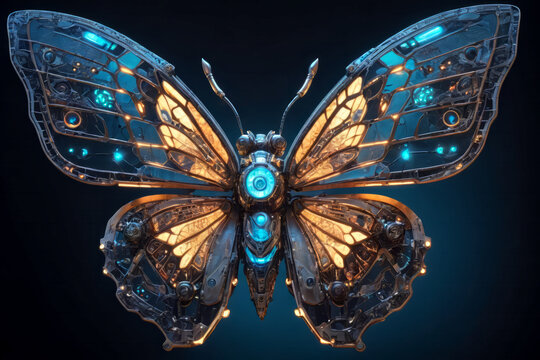 Big futuristic cyberpunk monarch butterfly isolated on dark background, complex mecanism with gears and energy core, blue and yellow glowing neon lights, large eyes and antennae