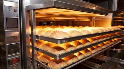 Master baker expertly baking mouthwatering bread in a high-tech commercial bakery oven