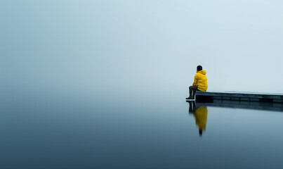 lonely person is sitting on a jetty on lake, calm and silence