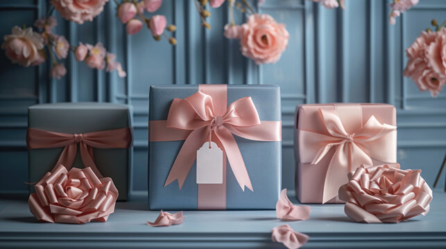 Luxurious gift boxes tied with satin ribbons and decorative flowers against a sophisticated blue backdrop..