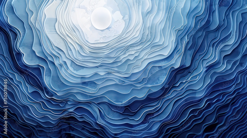 Poster a visually striking image showcasing multiple layers of paper cut in wavy patterns, dyed in various 