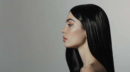 woman profiled with sleek, long, straight hair flowing to the side.