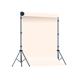 Photo Studio White Backdrop Setup made of White Paper Or Fabric Background, Mounted On A Support Stand, With Clamps