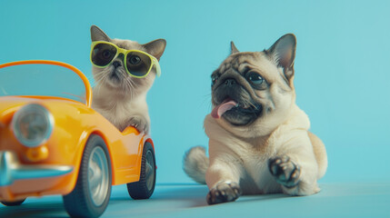 A lighthearted scene captures the essence of fun as a pug dog drives a toy car while a stylish cat wearing sunglasses enjoys the ride