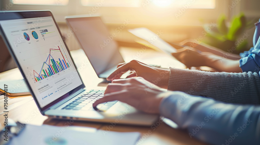 Poster professionals are analyzing data on a laptop screen, which displays various colorful graphs and char