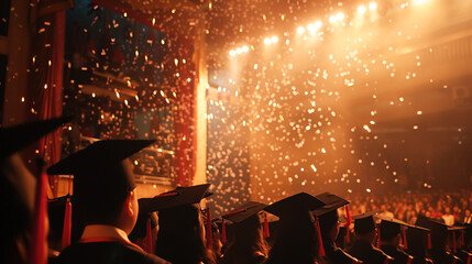 Graduation evening with flying golden confetti, a solemn ceremony for the end of the academic year and university. Festive background - obrazy, fototapety, plakaty