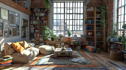 A loft with a futon, a coffee table, a bookcase, and a ladder.