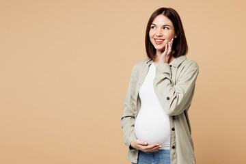 Young minded pregnant expectant woman future mom wear grey shirt stroking put hands on belly...