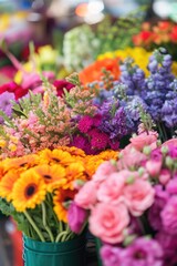 Farmers outdoor market stall with locally grown and sustainable flowers.