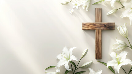 Easter concept, cross and blooming lilies , light background, flat lay, top view. Postcard template for the religious Great Holiday of Holy Easter - obrazy, fototapety, plakaty
