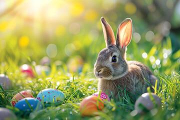 fluffy easter bunny with colorful easter eggs on a green spring meadow
