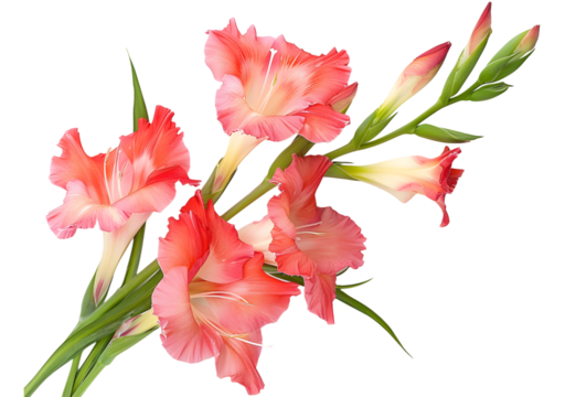 single spike gladiolus with petals of red, purple and white color with water drops from rain, isolated on white background