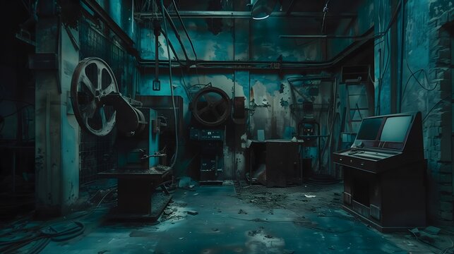 Industrial facility repurposed into a terrifying interior escape room, with rusted machinery