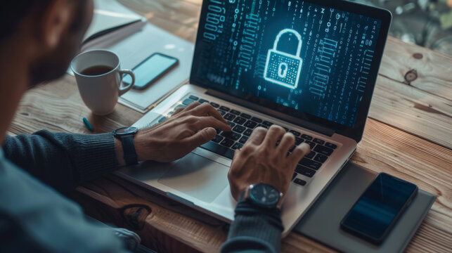 A person typing on a laptop with a digital image of a blue padlock on the screen, symbolizing cybersecurity, with a cup of hot coffee next to the laptop on a wooden desk.