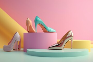 Product podium with trendy shoes presented on it in pastel colors