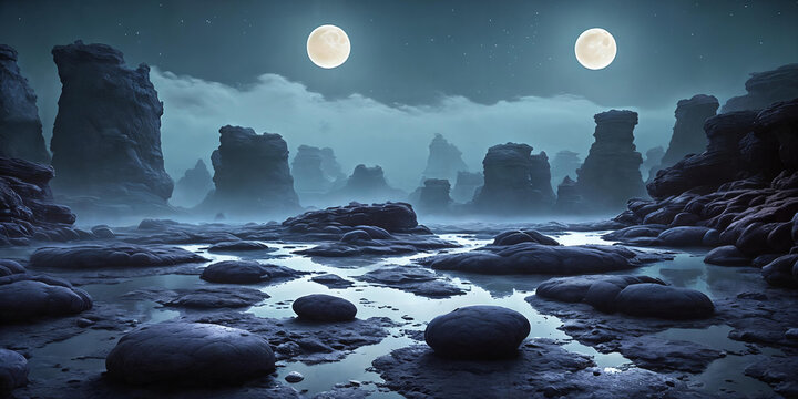 Lunar Dreamscape. Dreamy depiction of a moonlit landscape on a desolate alien world